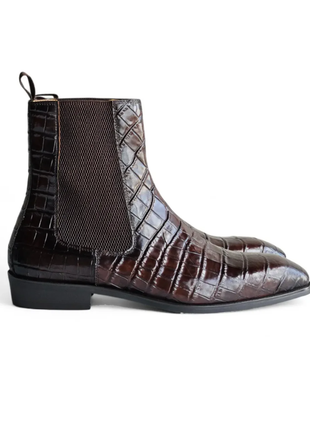 Carrucci Mens Chestnut Crocodile Embossed Leather Chelsea Boots