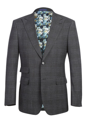 English Laundry Mens Navy & Brown Windowpane Slim Fit Peak Lapel 2 Button Stretch Suit