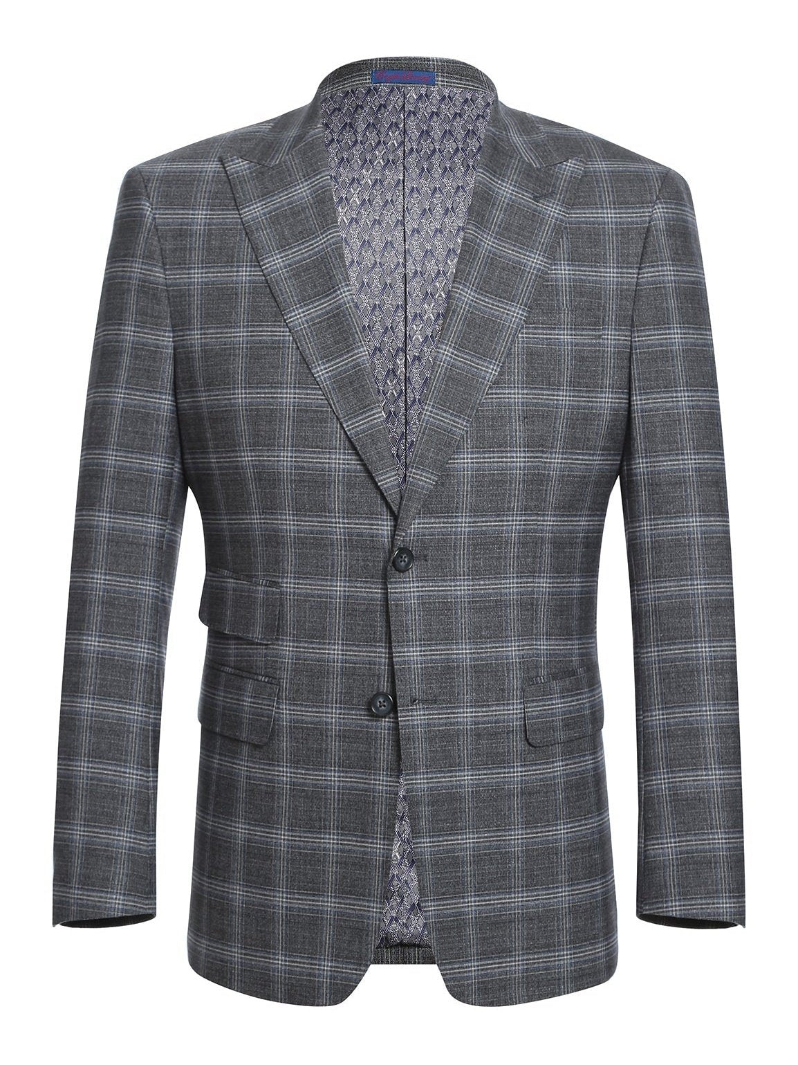 English Laundry Slim Fit Two Button Gray with White Blue Check Peak Lapel Suit