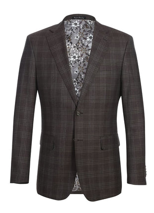 English Laundry Brown Tonal Plaid Slim Fit Peak Lapel 2-Button Wool Suit