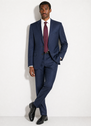 Gucci Navy Blue Herringbone Stripe Notch Lapel Classic Fit 2-Button Wool Suit - 44R