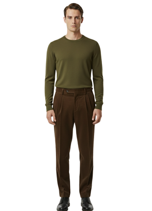 Canuti Solid Brown Corduroy Pleated Front Adjustable-Tab Stretch Pants