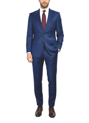 Centrion Mens Blue Pinstripe Slim Fit Peak Lapels 2 Button Wool Suit - The Suit Depot