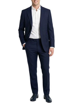 Centrion Mens Solid Navy Blue Fine Textured Weave Classic Fit Notch Lapels 2 Button Wool Suit