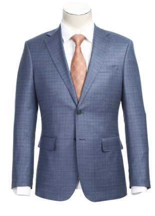 English Laundry Blue Check Slim Fit Notch Lapel Wool Blend Stretch 2 Button Suit