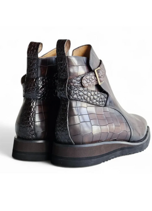 Carrucci Vesper Chestnut Croc Embossed Leather Cross Strap Wedge Boots - The Suit Depot