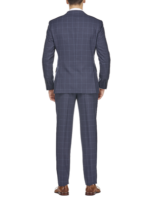 English Laundry Mens Navy Windowpane Slim Fit Notch Lapel 2 Button Wool Suit
