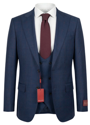 Mazara Mens Navy With Burgundy Windowpane Slim Fit Windowpane 3-Piece Wool Suit