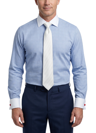 Steven Land Blue Glen Plaid Spread Collar French Cuffs Wrinkle & Shrink Free Cotton Dress Shirt