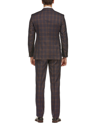 English Laundry Mens Plaid Navy With Brown Slim Fit Peak Lapel Stretch 2 Button Suit