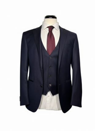 Corneliani Mens Navy Micro-Pattern Fully-Canvassed Notch Lapel Classic Fit 3-Piece Wool Suit - 36S - The Suit Depot