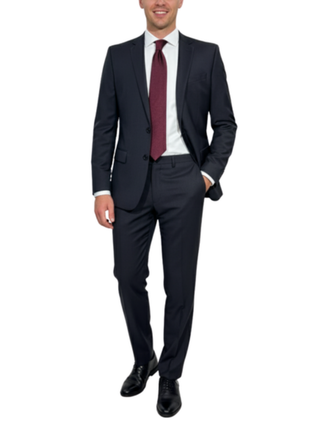 Hugo Boss Mens Solid Black Notch Lapels Slim Fit Stretch 2 Button Wool Suit - 40L - The Suit Depot