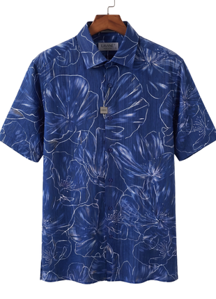 Lavane Mens Blue Floral Spread Collar Short Sleeve Button-Up Shirt