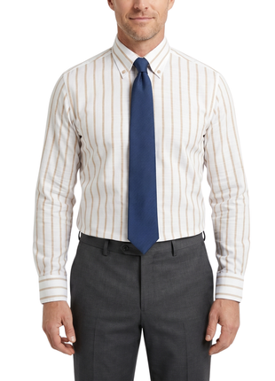 Steven Land White & Walnut Striped Button-Down Collar French Cuff Cotton Dress Shirt