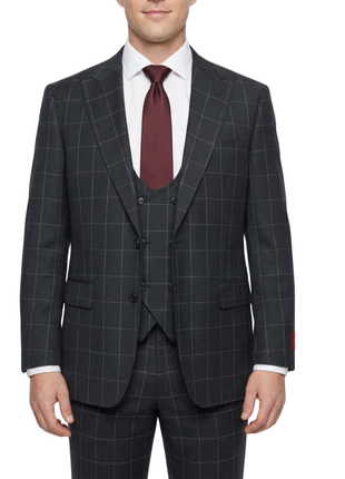Mazara Mens Black With Gray Windowpane Classic Fit Peak Lapel 3-Piece Wool Suit