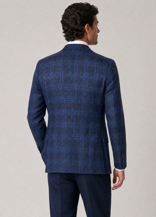 Pal Zileri Textured Blue with Dark Windowpane Classic Fit Wool Cotton Blend  Sport Coat 44L
