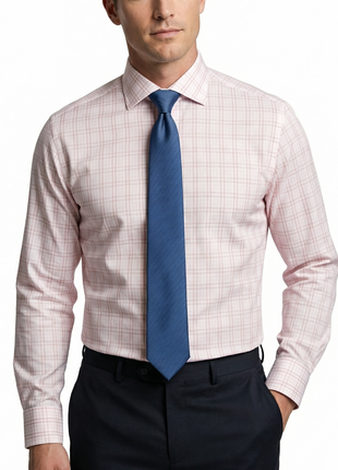 Modena Windowpane Pink & White Contemporary Fit Spread Collar Cotton Blend Stretch Dress Shirt