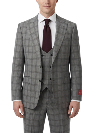 Mazara Mens Black & White Plaid Classic Fit Peak Lapels 3-Piece Wool Suit