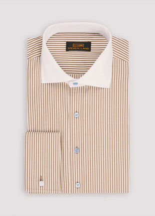 Steven Land Mens Brown Striped 100% Cotton French Cuff Dress Shirt
