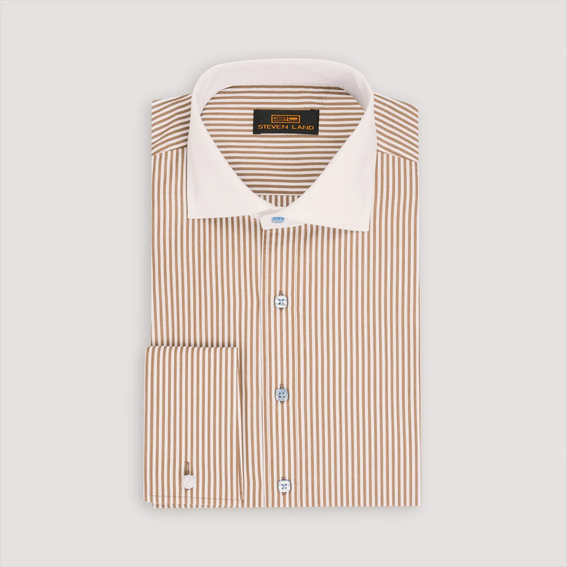 white and brown dress shirt Non-Iron Cotton Stripe Dress Shirt With Contrast Trim