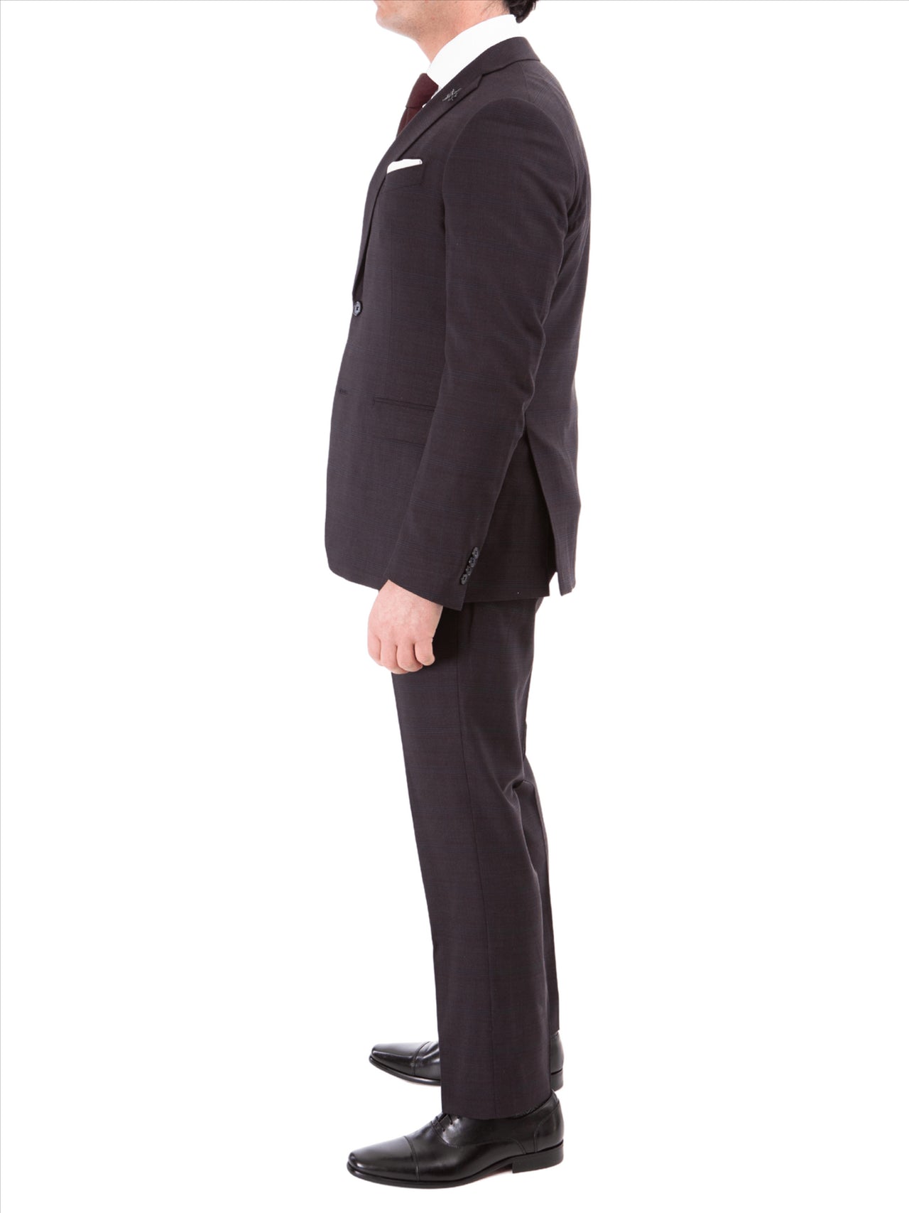 John Varvatos Half-Canvassed Windowpane Burgundy Slim Fit Two Button Stretch Wool Suit