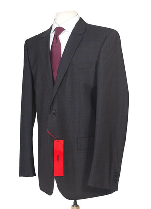 Hugo Boss Mens 42L Charcoal Plaid 100% Wool Slim Fit Two Piece Suit