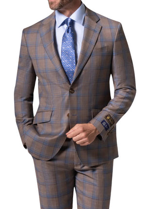 Beragamo Elegant Mens Brown Plaid Modern Fit 100% Wool 2 Piece Suit