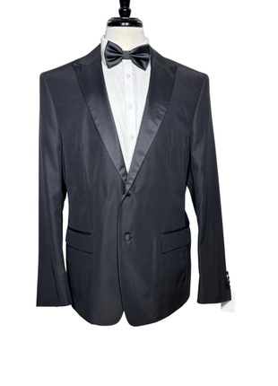 Versace Collection Mens Black Textured Satin Peak Lapel Classic Fit Stretch 2-Button Wool Blend Tuxedo - 44L