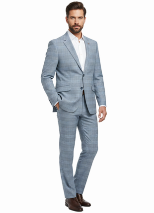 Raphael Light Blue Glen Plaid With Windowpane Slim Fit Stretch Notch Lapel Two Button Suit