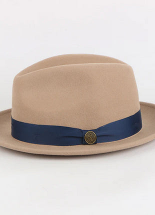 Steven Land Mens Camel Brown & Navy The Bowery Fedora Felt Hat