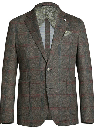 Pelago Brown Windowpane Slim Fit Notch Lapel 2-Button Half Canvassed Stretch Blazer With Patch Pockets