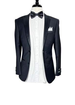 Giovanni Bresciani Mens Solid Black Satin Notch Lapel Slim Fit 2-Button Wool Tuxedo - 36S