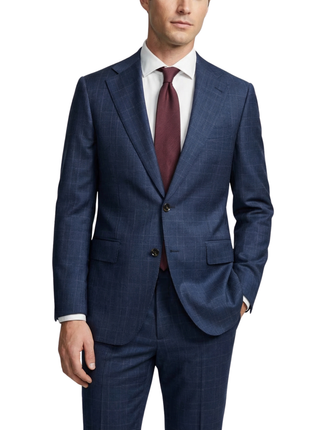 Mazara Mens Blue Plaid With Brown Windowpane Classic Fit Notch Lapel Wool 2-Button Suit