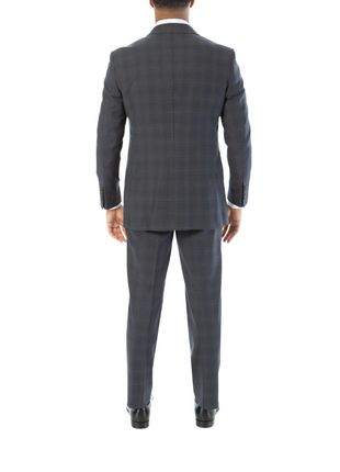 Sartoria Mazara Mens Gray With Blue Windowpane Slim Fit 100% Wool Suit With Peak Lapels