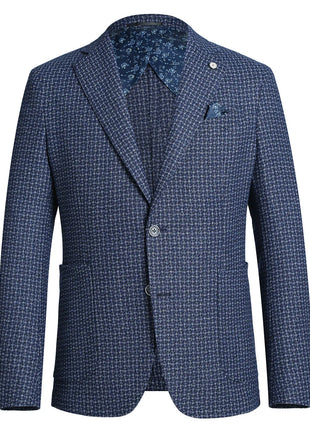 Pelago Blue Textured Slim Fit Notch Lapel 2-Button Half Canvassed Blazer With Patch Pockets
