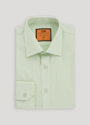 Steven Land Mens Solid Light Green Spread Collar Wrinkle Free Stretch Cotton Dress Shirt