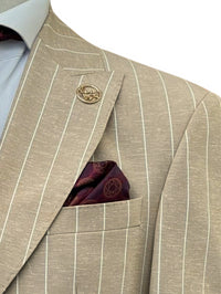Thumbnail for Romaster Mens Slim Fit Beige Pinstriped Linen Blend 2 Piece Suit