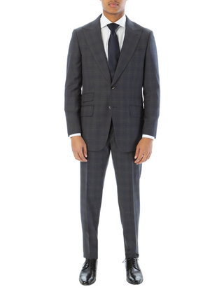 Sartoria Mazara Mens Gray With Blue Windowpane Slim Fit 100% Wool Suit With Peak Lapels