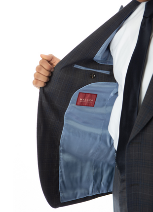 Sartoria Mazara Mens Gray With Blue Windowpane Slim Fit 100% Wool Suit With Peak Lapels