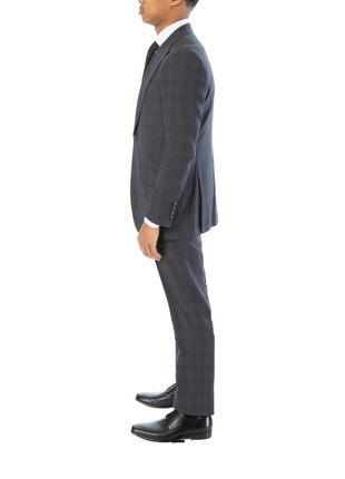 Sartoria Mazara Mens Gray With Blue Windowpane Slim Fit 100% Wool Suit With Peak Lapels
