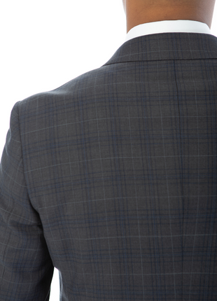 Sartoria Mazara Mens Gray With Blue Windowpane Slim Fit 100% Wool Suit With Peak Lapels