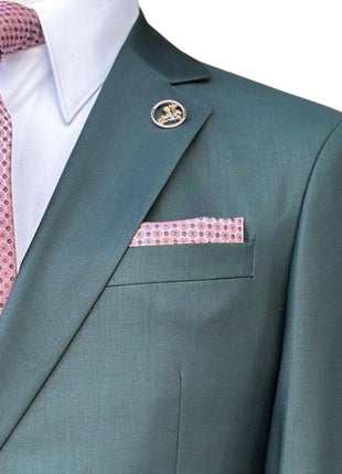 Pierre Carlos Solid Green Slim Fit Double Breasted Stretch Suit with Buckle Closure