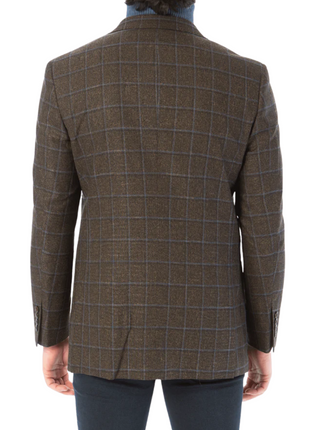 Sartoria Mazara Mens Classic Fit Brown & Blue Check Two Button Stretch Blazer Sportcoat - The Suit Depot