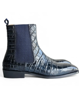 Carrucci Mens Navy Crocodile Embossed Leather Chelsea Boots