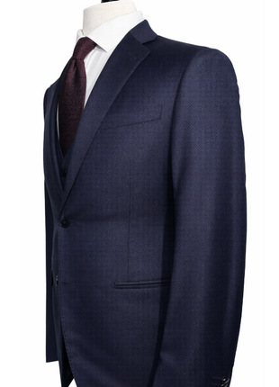Corneliani Mens Navy Micro-Pattern Fully-Canvassed Notch Lapel Classic Fit 3-Piece Wool Suit - 36S - The Suit Depot
