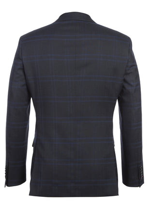 English Laundry Mens Navy Windowpane Slim Fit Notch Lapel 2 Button Stretch Suit