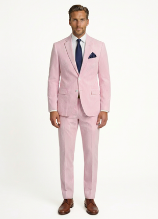 Emigre Classic Fit Pink Striped Two Button Cotton Seersucker Suit