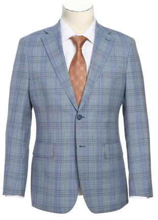 English Laundry Light Gray with Blue Check Slim Fit Notch Lapel Wool Blend 2 Button Suit