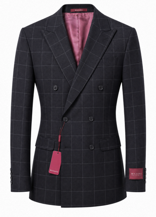 Mazara Mens Black With Gray Windowpane Slim Fit Double-Breasted Wool Suit