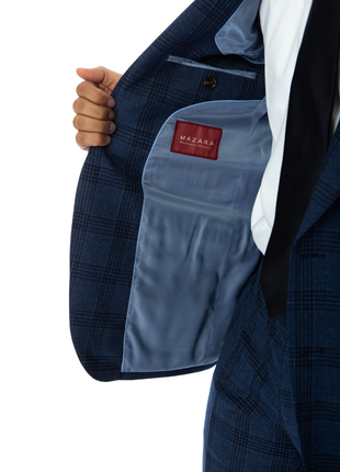 Sartoria Mazara Mens Slim Fit Navy Blue With Burgundy Check 100% Wool Suit With Peak Lapels